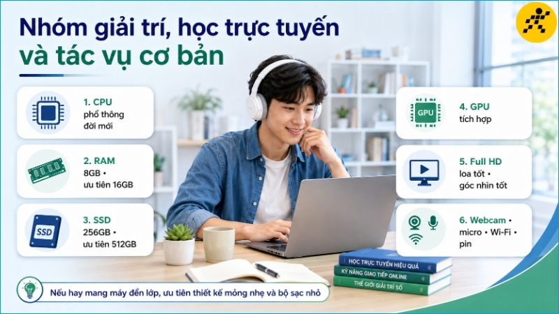 Cấu h&igrave;nh phổ th&ocirc;ng, m&agrave;n h&igrave;nh Full HD v&agrave; webcam r&otilde; n&eacute;t đ&aacute;p ứng học trực tuyến, giải tr&iacute; cơ bản