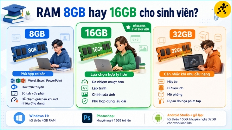 RAM 8GB ph&ugrave; hợp nhu cầu cơ bản, c&ograve;n 16GB tối ưu hơn cho đa nhiệm, lập tr&igrave;nh v&agrave; sử dụng l&acirc;u d&agrave;i
