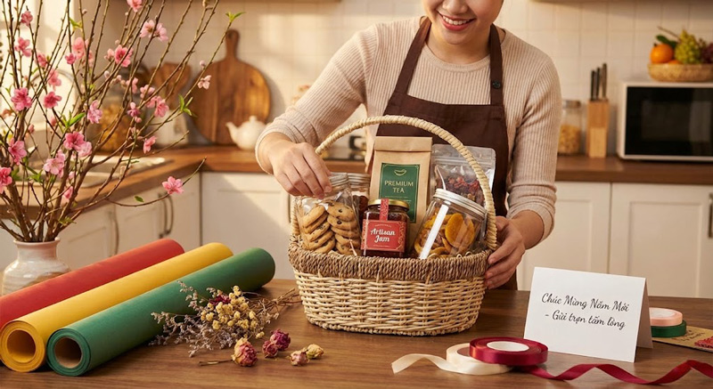 Tự tay làm giỏ quà Tết giúp thể hiện sự chân thành, cá nhân hóa món quà và tạo dấu ấn riêng ý nghĩa