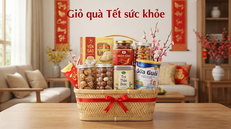 Giỏ quà sức khỏe gồm yến sào, hạt dinh dưỡng, trà thảo dược, gửi trọn lời chúc an khang