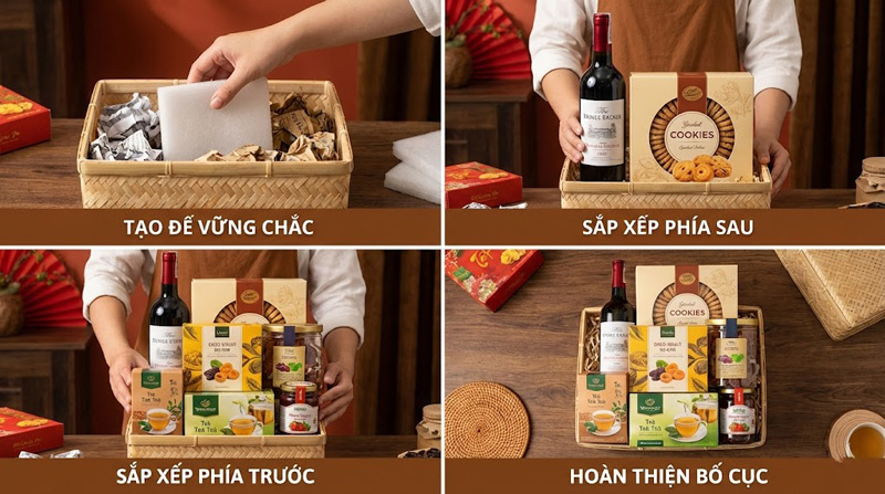 Xếp sản phẩm lớn phía sau, nhỏ phía trước tạo bố cục cân đối, giúp giỏ quà đầy đặn, đẹp mắt