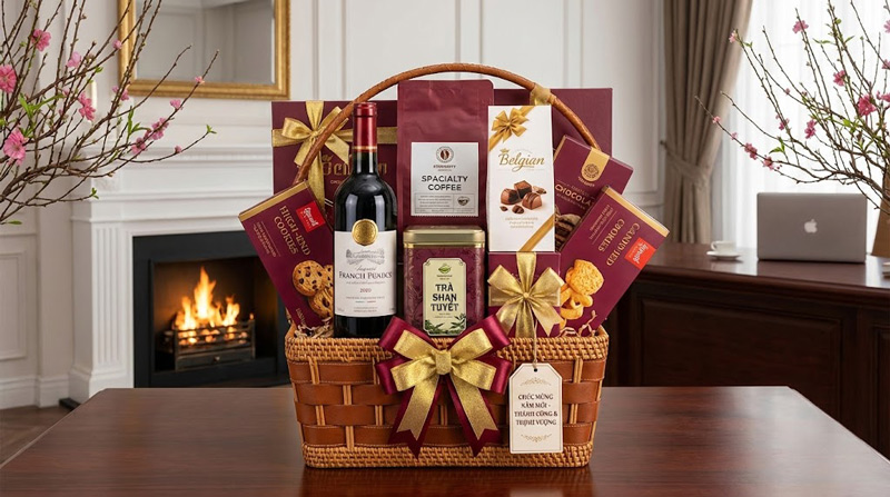 Kết hợp rượu vang, trà cao cấp, socola nhập khẩu, giỏ quà toát lên sự tinh tế và đẳng cấp