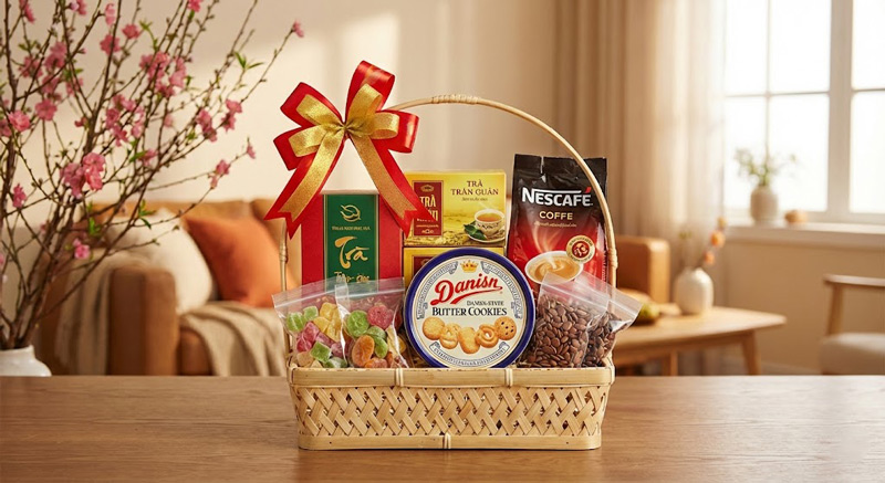 Chọn bánh mứt, trà, cà phê thiết thực, sắp xếp khéo léo giúp giỏ quà tiết kiệm vẫn ấm áp
