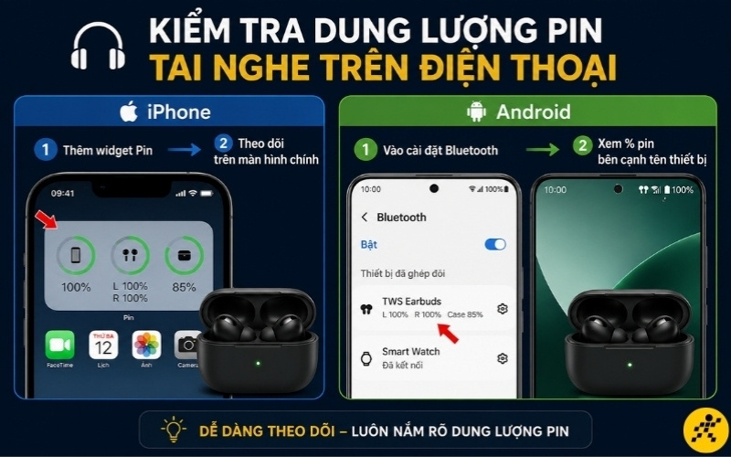 Kiểm tra dung lượng pin tai nghe tr&ecirc;n điện thoại iPhone v&agrave; Android