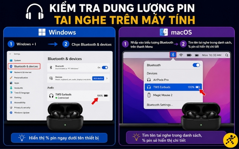 Kiểm tra dung lượng pin tai nghe tr&ecirc;n m&aacute;y t&iacute;nh