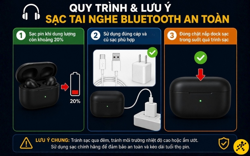 Quy tr&igrave;nh v&agrave; lưu &yacute; để sạc tai nghe Bluetooth an to&agrave;n
