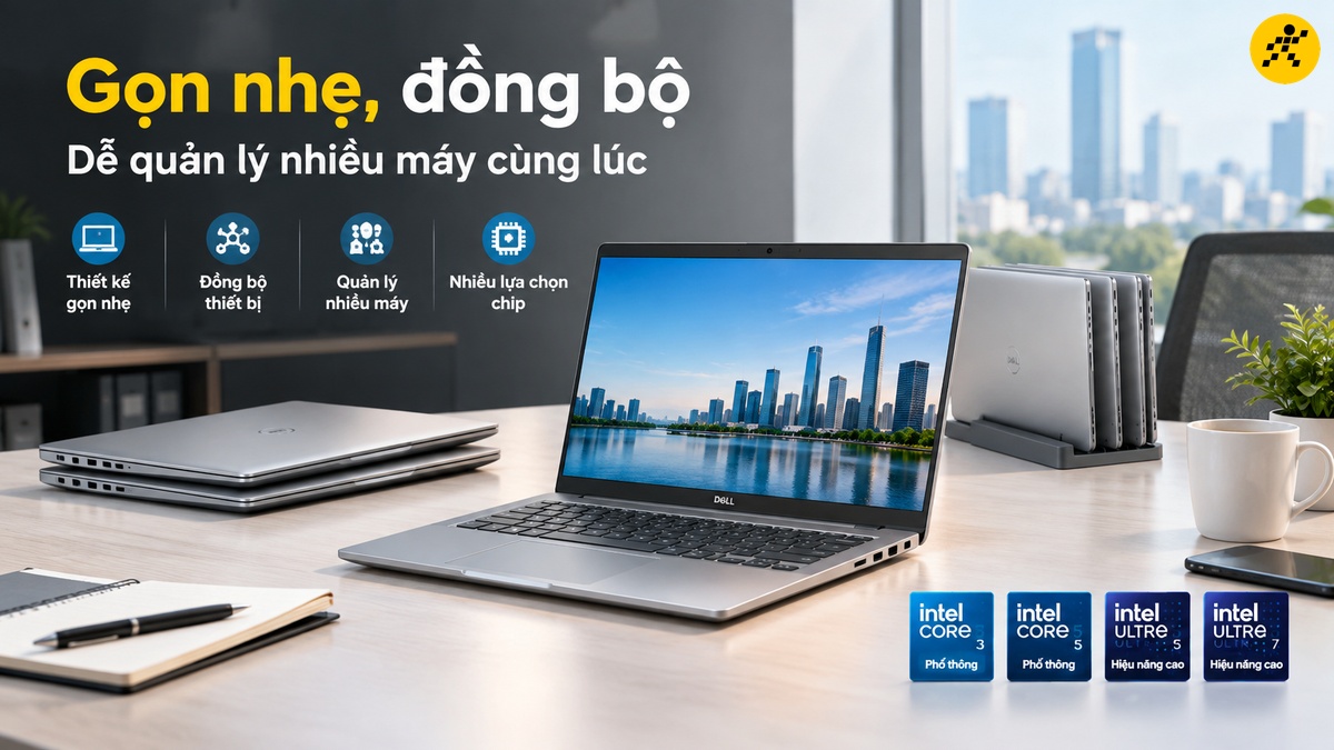 Laptop Dell Pro thiết kế gọn nhẹ trên bàn làm việc văn phòng, kèm nhãn tính năng gọn nhẹ, đồng bộ thiết bị, quản lý nhiều máy và nhiều lựa chọn chip từ Intel Core 3 đến Core Ultra 7