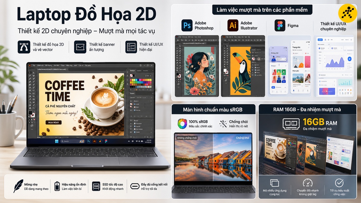 Laptop đồ họa 2D mỏng nhẹ chuẩn màu sRGB Laptop đồ họa 2D chạy mượt mà Photoshop Illustrator và Figma