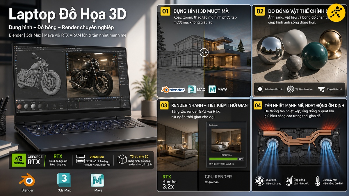 Laptop đồ họa 3D hiệu năng cao với GPU RTX rời Laptop đồ họa 3D dựng hình mô phỏng vật thể với GPU RTX