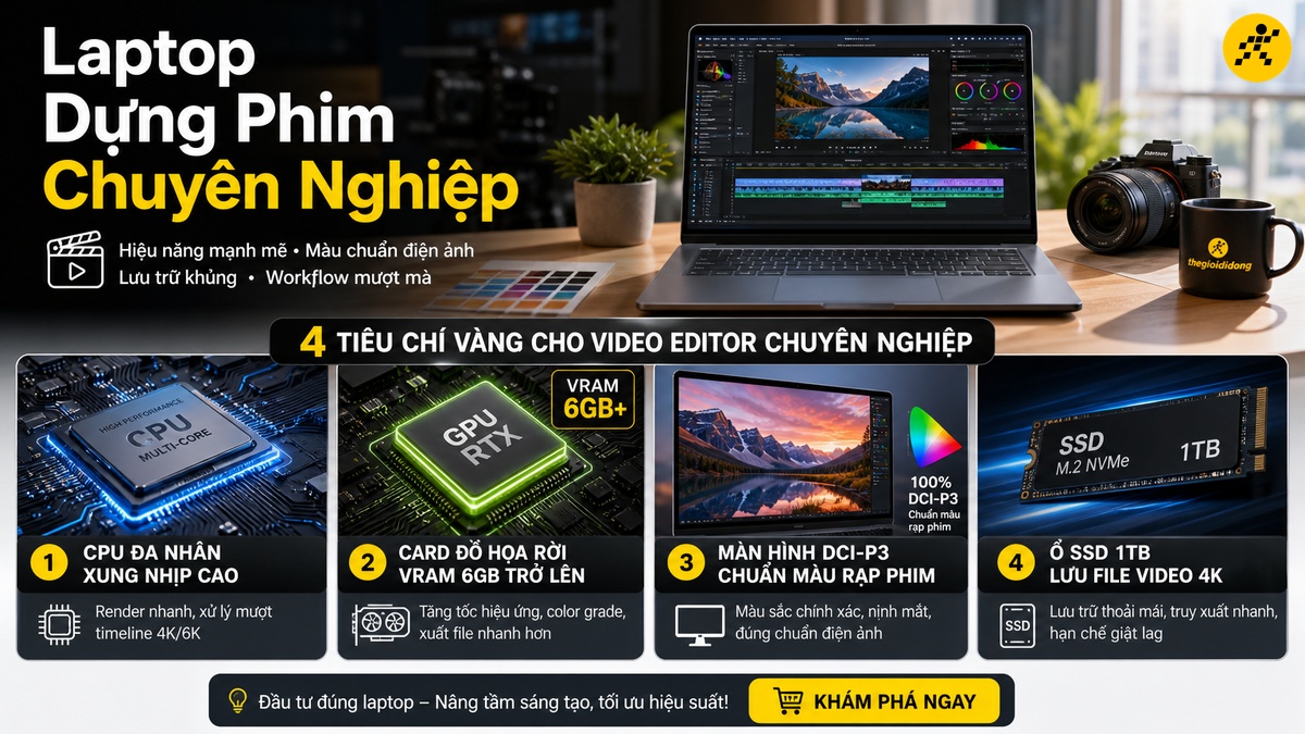 Tiêu chí chọn laptop đồ họa cho dựng phim và biên tập video Laptop cấu hình mạnh mẽ cho dựng phim và biên tập video chuyên nghiệp