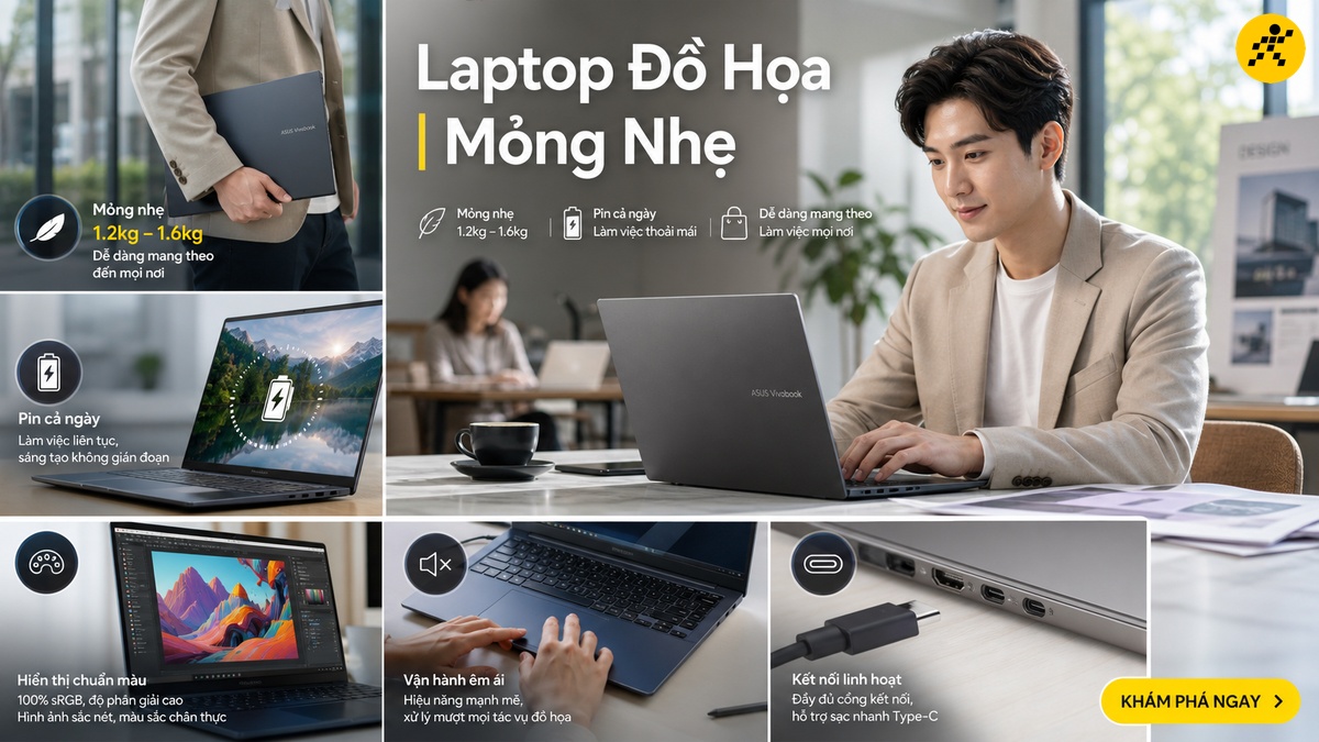 Laptop đồ họa mỏng nhẹ cho creator thường xuyên di chuyển Laptop đồ họa mỏng nhẹ 1.2kg đến 1.6kg tiện lợi khi di chuyển