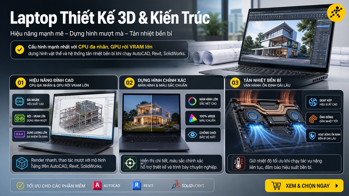 Cấu hình laptop tối ưu cho kiến trúc sư và thiết kế 3D Laptop cho thiết kế 3D kiến trúc và kỹ thuật chạy AutoCAD Revit