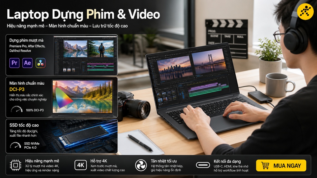 Laptop dựng phim và chỉnh sửa video chuẩn màu DCI-P3 Laptop dựng phim biên tập video 4K với Premiere Pro và DaVinci