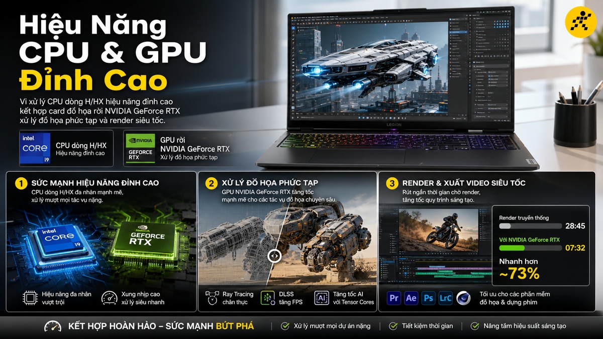 Hiệu năng CPU và GPU mạnh mẽ xử lý đồ họa nặng Vi xử lý CPU dòng H và card đồ họa NVIDIA RTX trên laptop đồ họa