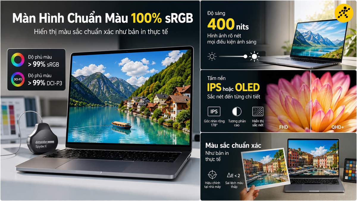 Màn hình laptop đồ họa chuẩn màu cao hiển thị chân thực Màn hình laptop đồ họa chuẩn màu 100% sRGB và DCI-P3 sắc nét