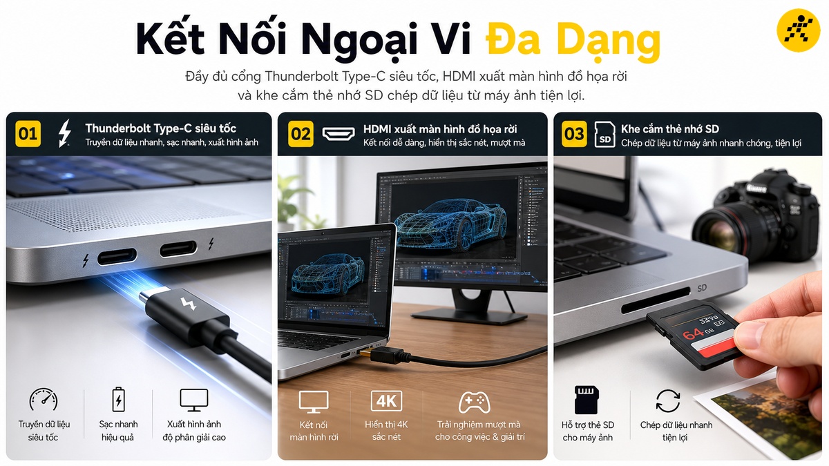 Cổng kết nối đa dạng hỗ trợ thiết bị ngoại vi chuyên dụng Cổng Thunderbolt HDMI và khe thẻ nhớ SD trên laptop đồ họa