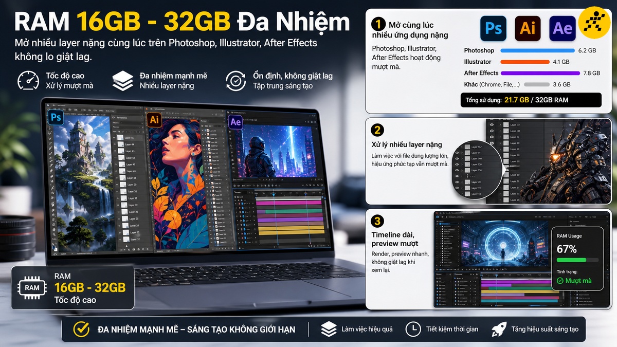 RAM dung lượng lớn hỗ trợ đa nhiệm mượt mà cho laptop đồ họa Bộ nhớ RAM 16GB đến 32GB hỗ trợ đa nhiệm ứng dụng đồ họa