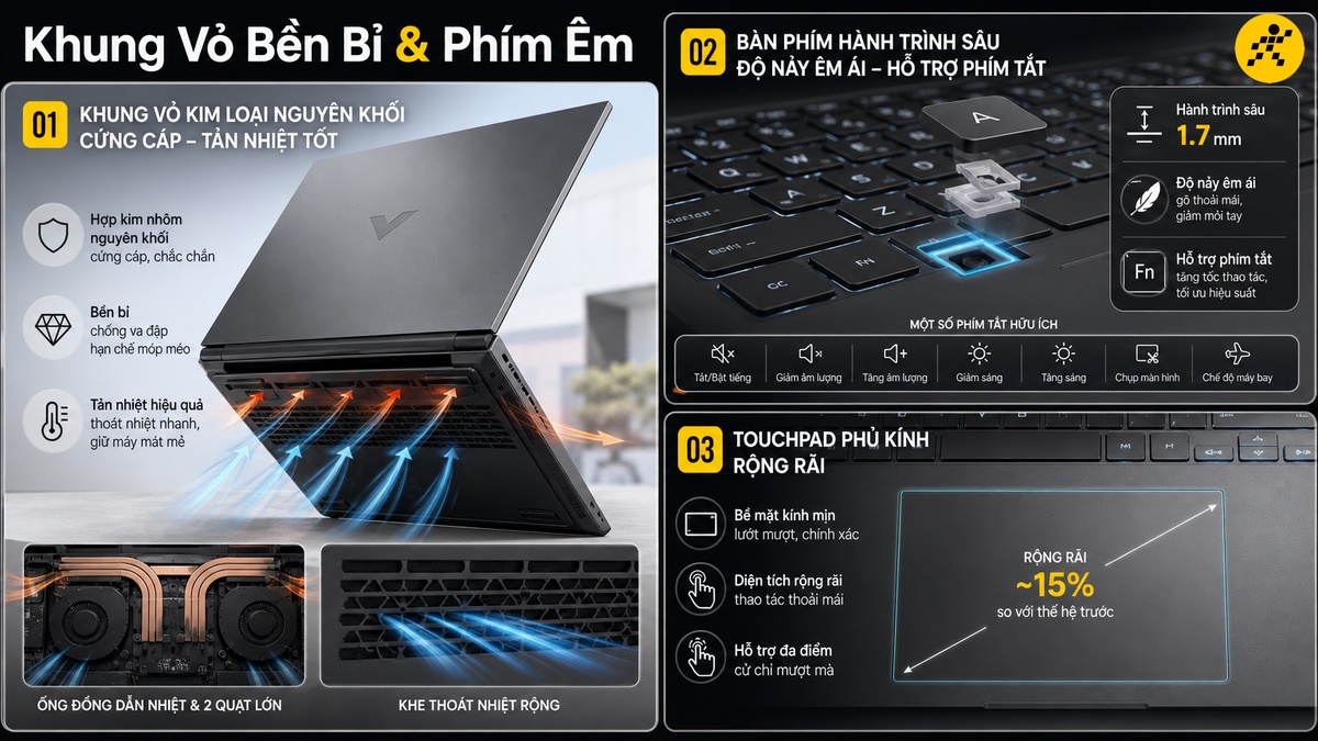 Thiết kế bền bỉ và bàn phím thoải mái cho dân thiết kế Khung vỏ hợp kim bền bỉ cùng bàn phím hành trình sâu trên laptop đồ họa