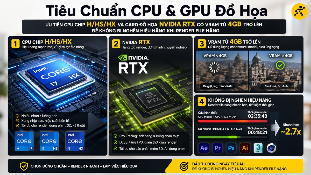 Tiêu chí lựa chọn CPU và GPU mạnh mẽ cho laptop đồ họa Tiêu chí chọn CPU đuôi H và GPU NVIDIA RTX cho laptop đồ họa
