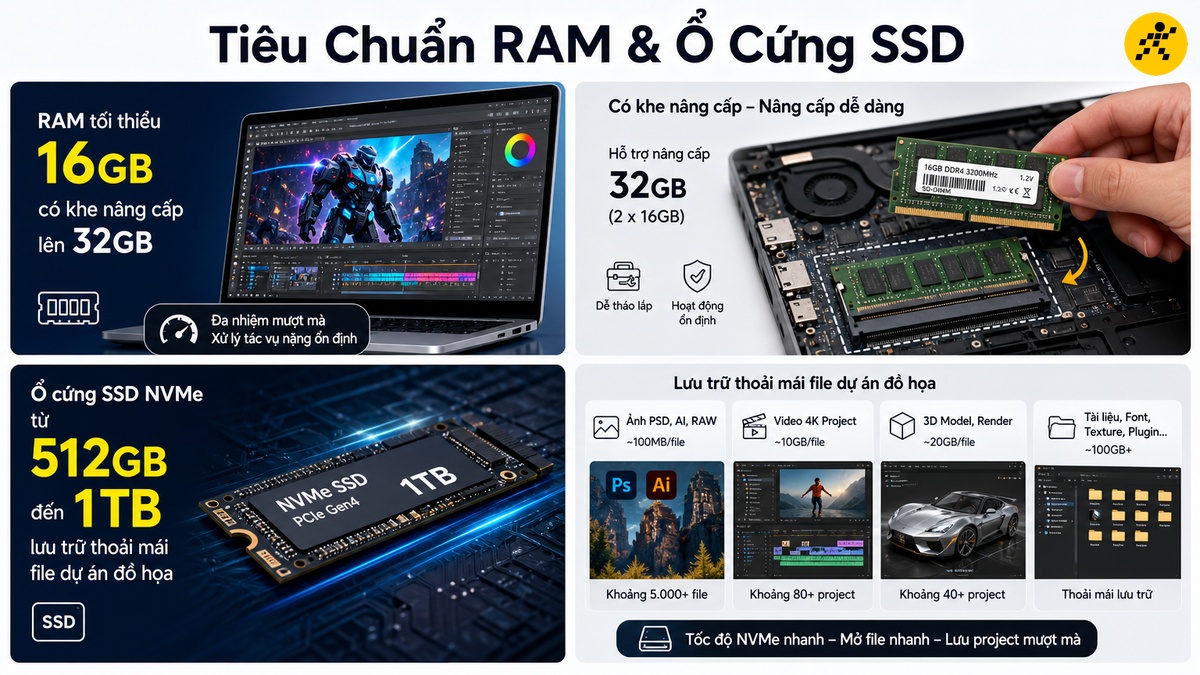 Tiêu chí chọn dung lượng RAM và ổ cứng SSD cho đồ họa Tiêu chí dung lượng RAM tối thiểu 16GB và SSD 512GB cho laptop đồ họa