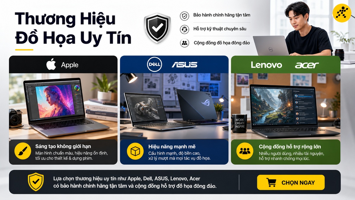 Chọn thương hiệu uy tín có chế độ bảo hành và hỗ trợ tốt Lựa chọn thương hiệu laptop đồ họa uy tín và bảo hành chính hãng