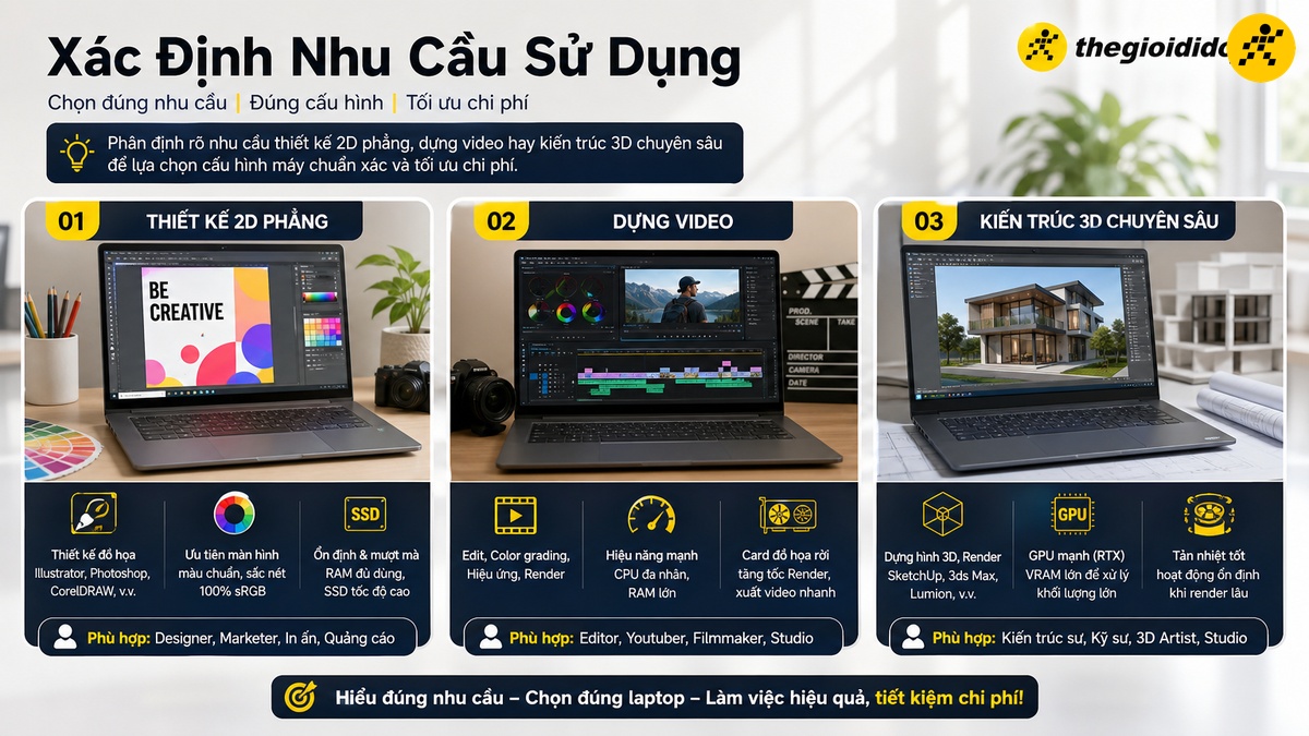 Xác định đúng nhu cầu thiết kế để tối ưu ngân sách mua laptop Xác định nhu cầu sử dụng thực tế khi chọn mua laptop đồ họa