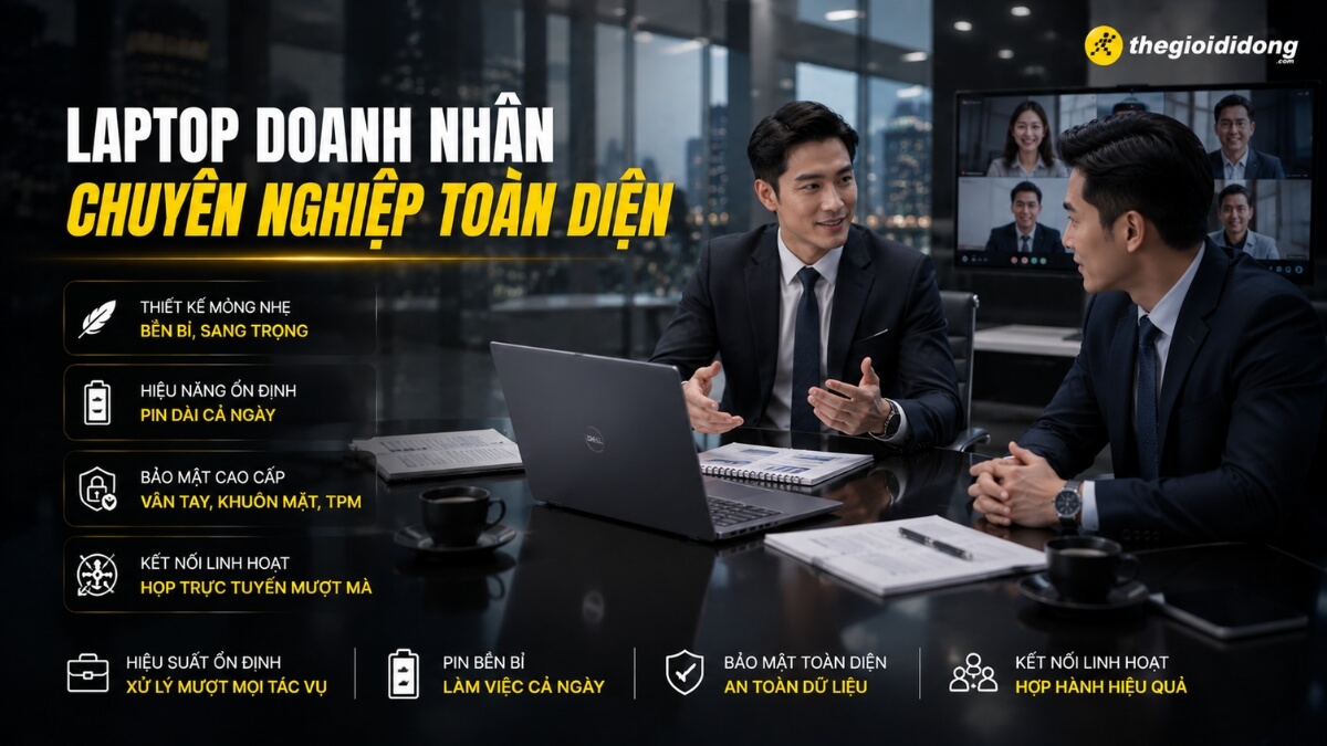 Hình ảnh quảng cáo laptop doanh nhân chuyên nghiệp tại Thegioididong.com, với hai doanh nhân mặc vest đang làm việc trong không gian văn phòng hiện đại. Một người đang tương tác với chiếc laptop Dell màu xám đặt trên bàn, bên cạnh cốc cà phê và tài liệu. Người còn lại nhìn về phía màn hình lớn hiển thị cuộc họp trực tuyến với nhiều người tham gia. Phía bên trái và dưới cùng của ảnh liệt kê các tính năng nổi bật của laptop bao gồm thiết kế mỏng nhẹ, bền bỉ, hiệu năng ổn định, pin dài cả ngày, bảo mật cao cấp (vân tay, khuôn mặt, TPM), kết nối linh hoạt và khả năng xử lý mượt mà mọi tác vụ. Logo Thegioididong.com nằm ở góc trên bên phải.