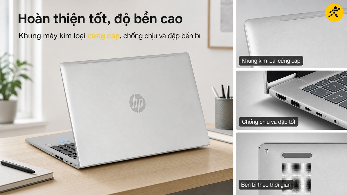 Laptop HP: Thiết kế kim loại bền bỉ, hoàn thiện cao cấp. Laptop HP Pavilion màu bạc sáng bóng, được đặt trên mặt bàn gỗ, với logo HP nổi bật ở mặt lưng.