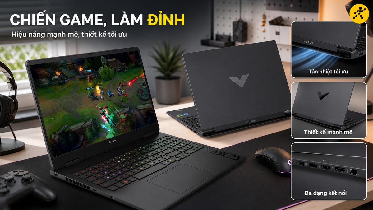 Laptop gaming HP Victus và Omen: Đồ họa đỉnh cao, tản nhiệt tối ưu Laptop HP Omen đang hiển thị trận chiến game cùng laptop HP Victus màu đen trên bàn làm việc, kèm 3 khung minh họa tản nhiệt, thiết kế và kết nối.