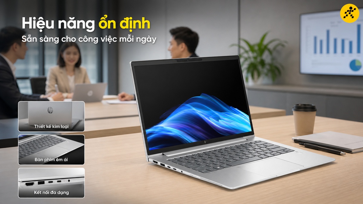 Laptop HP doanh nghiệp: Khung kim loại bền bỉ, hiệu năng ổn định Laptop HP vỏ kim loại màu bạc mở trên bàn họp văn phòng hiện đại với 3 khung minh họa thiết kế kim loại, bàn phím êm ái và kết nối đa dạng.