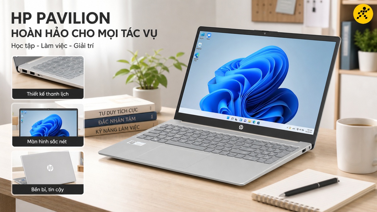 Laptop HP Pavilion mỏng nhẹ cho mọi tác vụ Laptop HP Pavilion màu bạc đặt trên bàn gỗ với màn hình hiển thị Windows 11, bên cạnh là tách cà phê và sổ tay.