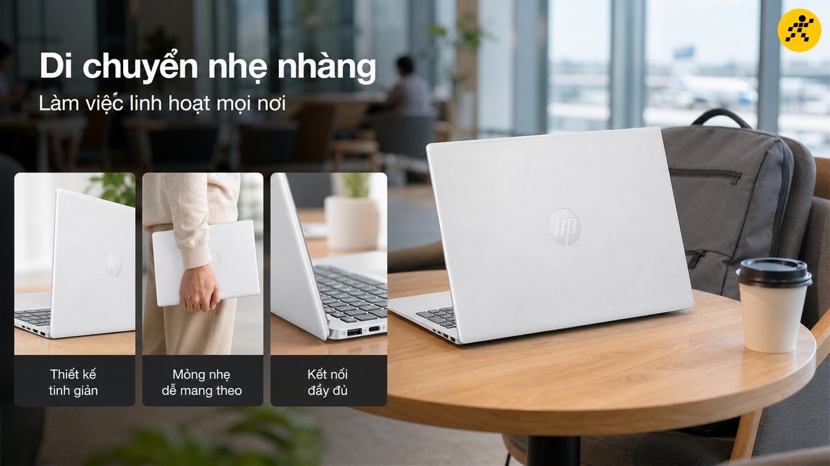Laptop HP mỏng nhẹ, tối ưu di chuyển và làm việc linh hoạt Laptop HP màu trắng mỏng nhẹ đặt trên bàn tròn cạnh cốc cà phê và ba lô, minh họa tính năng thiết kế tinh giản, dễ mang theo và kết nối đầy đủ.