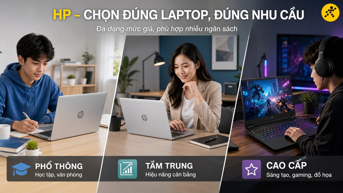 Laptop HP: Chọn đúng nhu cầu, đa dạng ngân sách Ba người sử dụng laptop HP ở các môi trường khác nhau: một nam sinh viên học tập, một nữ nhân viên văn phòng làm việc, và một game thủ chơi game.