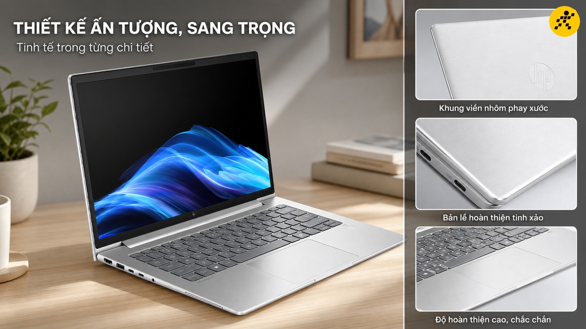 Laptop HP: Thiết kế ấn tượng, sang trọng và tinh tế Laptop HP màu bạc với màn hình hiển thị hình ảnh trừu tượng màu xanh và các chi tiết thiết kế được phóng to ở bên phải.