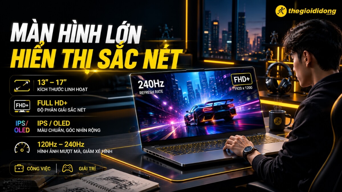 Hình ảnh một người đàn ông trẻ đang tập trung nhìn vào màn hình laptop gaming lớn với kích thước từ 13-17 inch, hiển thị cảnh một chiếc siêu xe tốc độ cao trong thành phố tương lai rực rỡ ánh đèn neon. Màn hình laptop nổi bật với độ phân giải Full HD+ (1920x1200) và tần số quét 240Hz, mang đến trải nghiệm hình ảnh mượt mà, sống động. Bên trái, các tính năng chính được liệt kê: kích thước linh hoạt, độ phân giải sắc nét, tấm nền IPS/OLED cho màu chuẩn và góc nhìn rộng, cùng tần số quét cao 120Hz-240Hz giúp giảm xé hình. Dưới cùng, hình ảnh gợi ý laptop phù hợp cho cả công việc và giải trí. Người đàn ông đeo đồng hồ, tay đặt trên bàn phím có đèn nền, trong không gian hiện đại với ánh sáng dịu nhẹ và tai nghe over-ear phía sau.