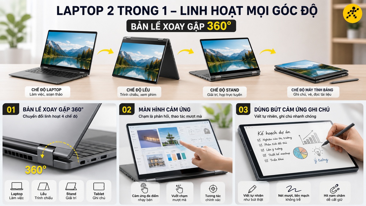 Laptop 2 trong 1 màn hình xoay gập Laptop 2 trong 1 màn hình xoay gập 360 độ dùng như máy tính bảng