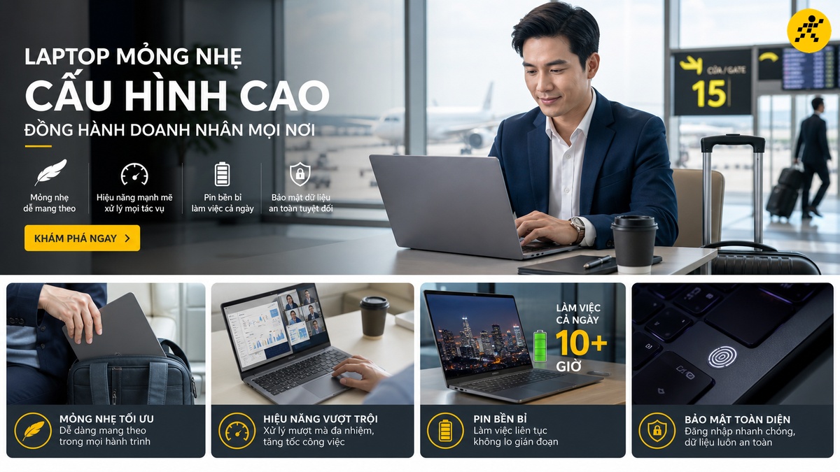Laptop mỏng nhẹ cấu hình cao cho doanh nhân Doanh nhân dùng laptop mỏng nhẹ cấu hình cao khi công tác tại sân bay