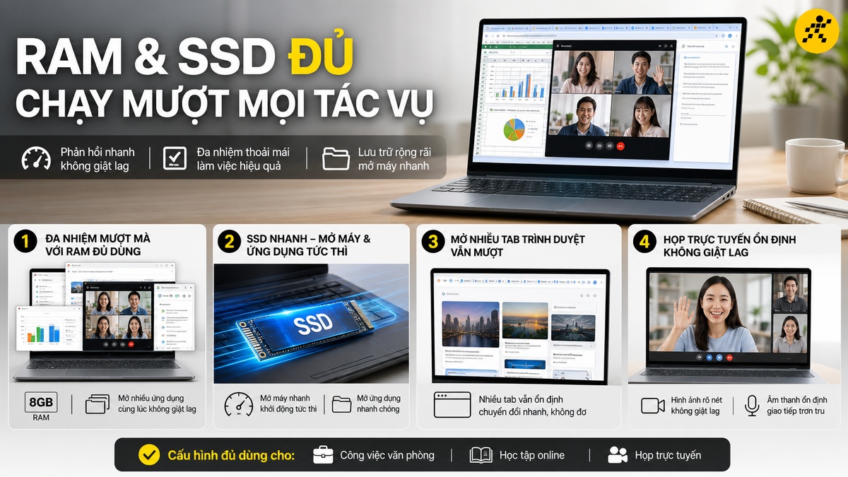 RAM và SSD đủ dùng cho văn phòng và học tập Laptop mỏng nhẹ chạy mượt các phần mềm văn phòng và họp trực tuyến