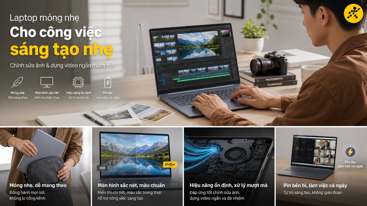 Laptop mỏng nhẹ cho công việc sáng tạo nhẹ Laptop mỏng nhẹ dùng chỉnh sửa ảnh và dựng video ngắn
