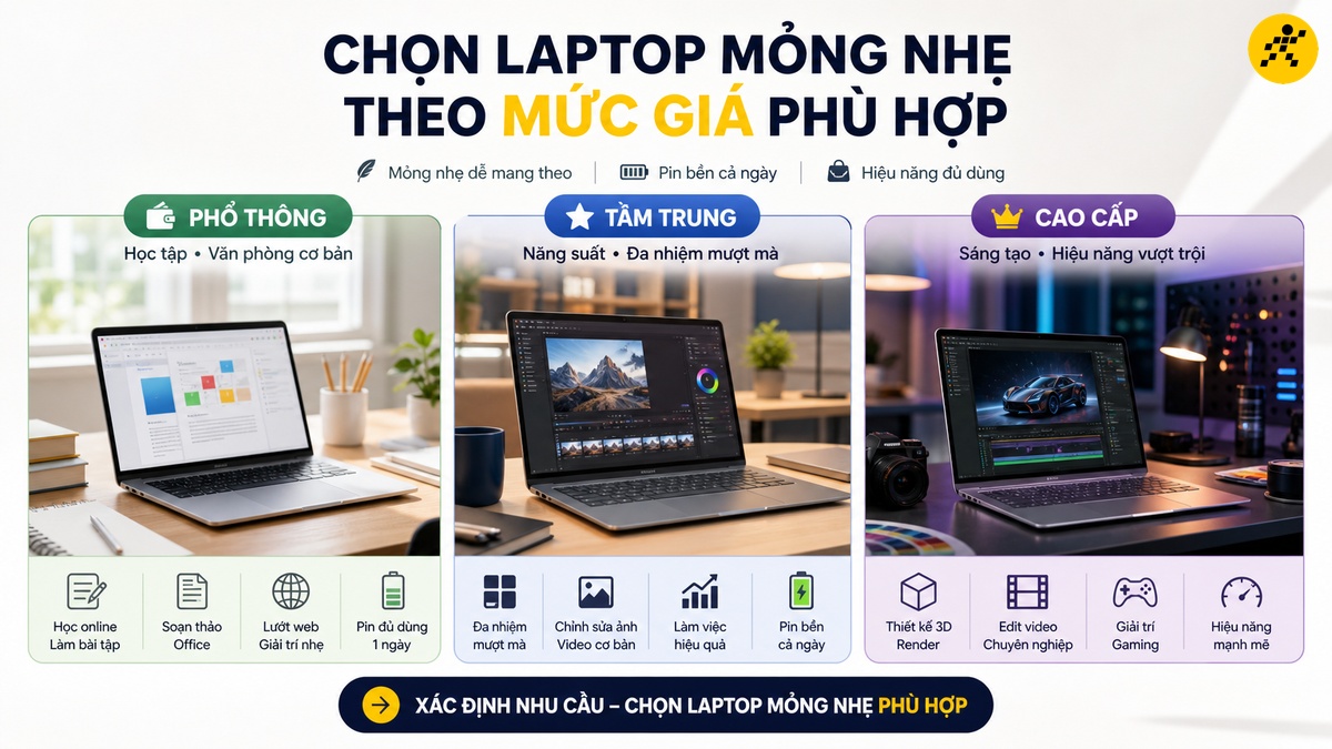 Chọn theo mức giá hoặc nhu cầu sử dụng Ba mức giá laptop mỏng nhẹ phổ thông, tầm trung và cao cấp