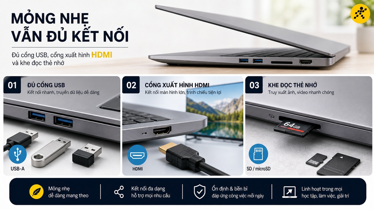 Cổng kết nối vẫn đủ dùng dù thân máy mỏng Laptop mỏng nhẹ với cổng USB, HDMI và khe đọc thẻ nhớ dù thân máy mỏng