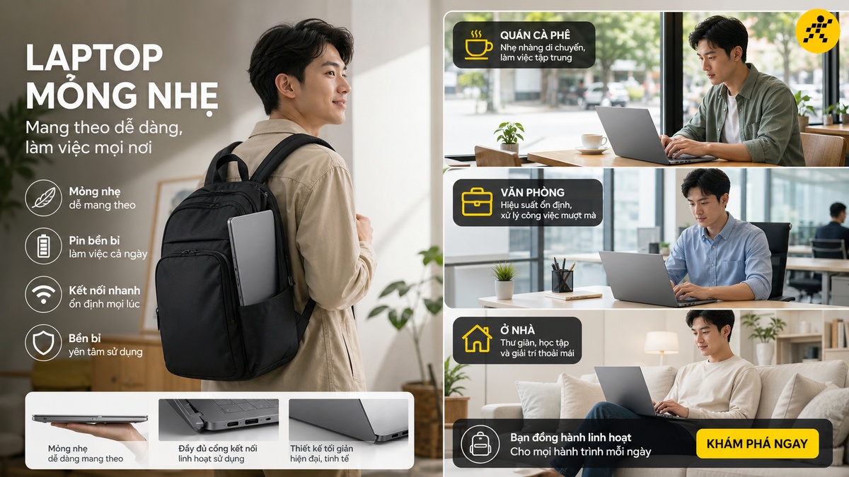 Dễ mang theo mỗi ngày Người dùng mang laptop mỏng nhẹ trong túi xách khi di chuyển
