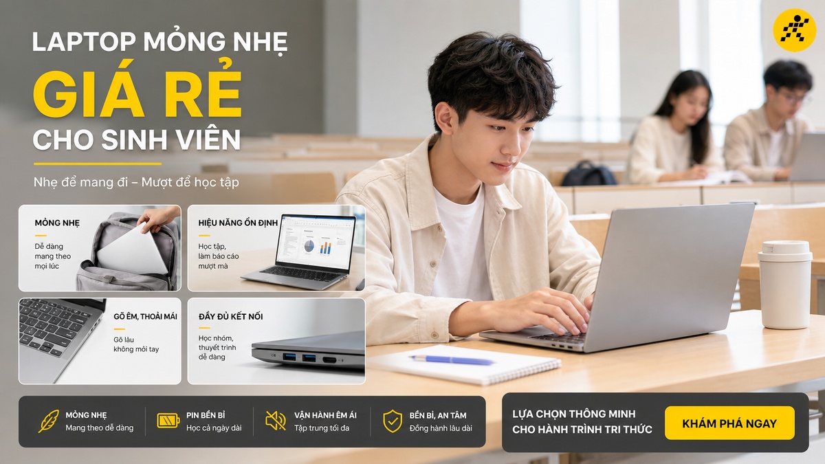 Laptop mỏng nhẹ giá rẻ cho sinh viên Sinh viên dùng laptop mỏng nhẹ giá rẻ để học tập trong giảng đường