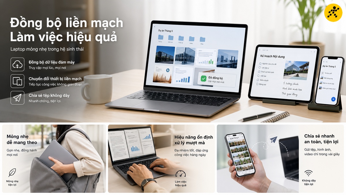 Laptop mỏng nhẹ trong hệ sinh thái Apple Laptop mỏng nhẹ đồng bộ dữ liệu với máy tính bảng và điện thoại