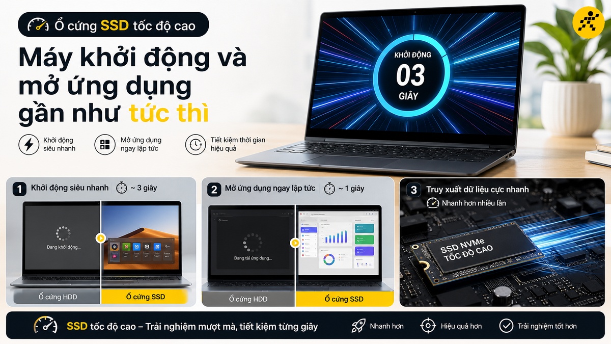 Khởi động và mở ứng dụng nhanh nhờ SSD Laptop mỏng nhẹ khởi động nhanh nhờ ổ cứng SSD