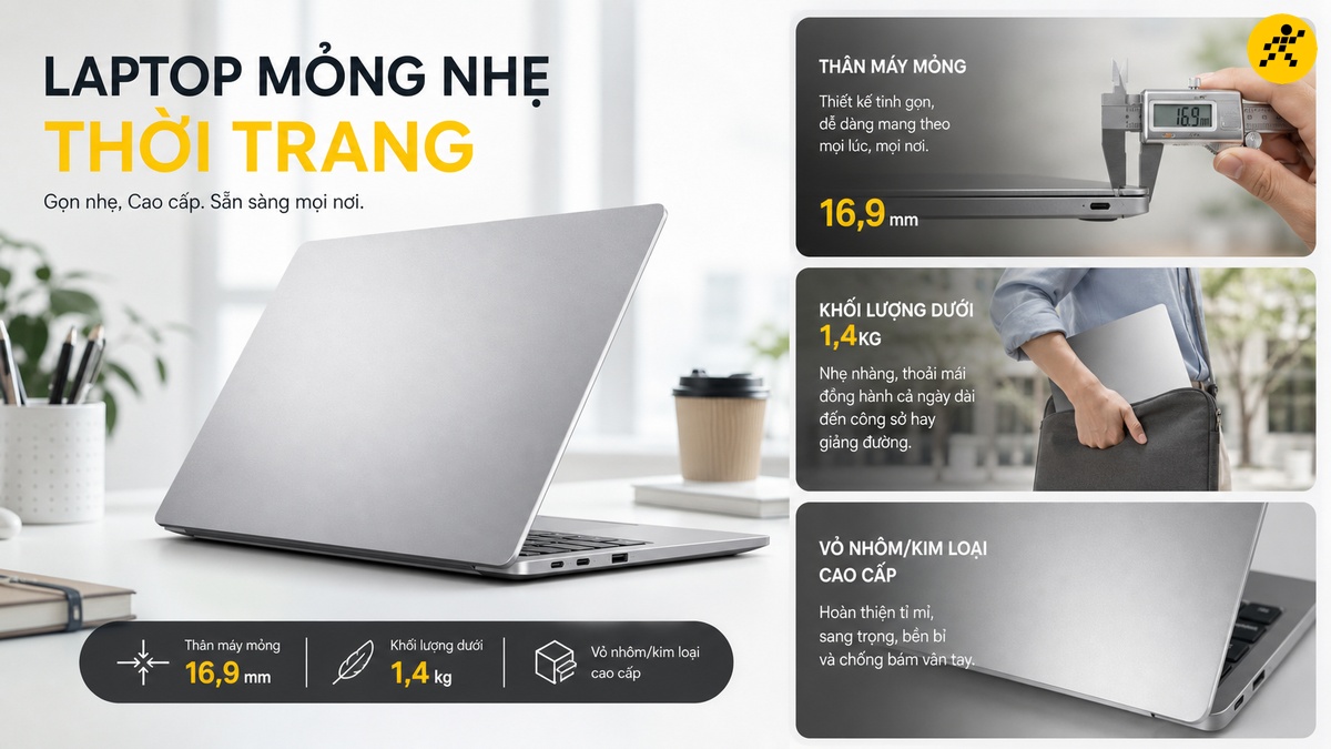 Laptop mỏng nhẹ thời trang là gì Laptop mỏng nhẹ vỏ nhôm với các khối minh họa khối lượng nhẹ và ngoại hình gọn gàng