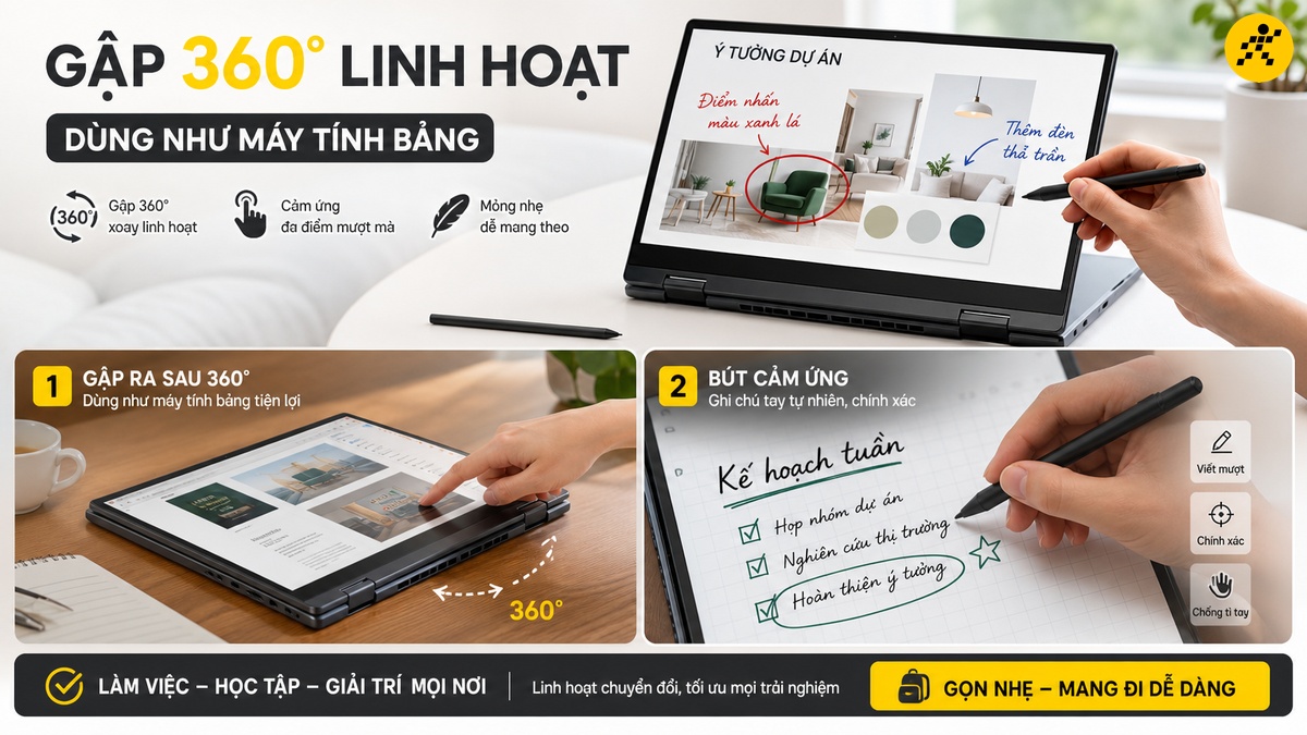 Màn hình cảm ứng và xoay gập linh hoạt Laptop mỏng nhẹ màn hình cảm ứng xoay gập dùng bút cảm ứng ghi chú