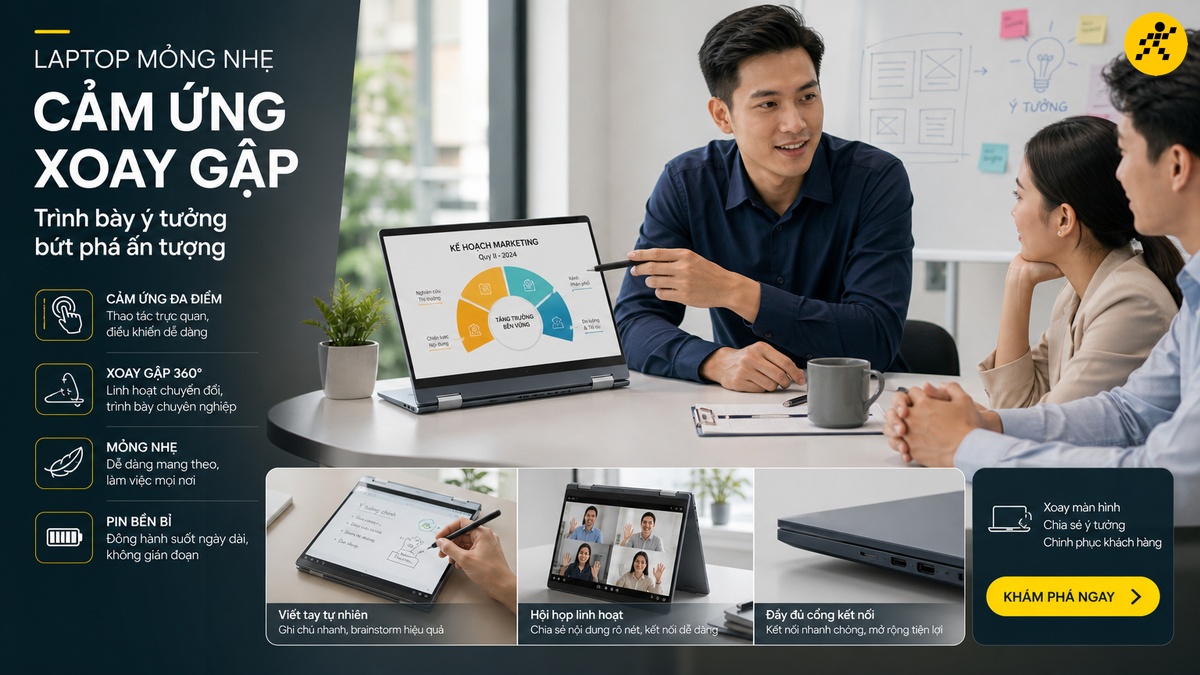 Có nên mua laptop màn hình cảm ứng xoay gập Laptop mỏng nhẹ xoay gập màn hình cảm ứng dùng trong cuộc họp nhóm