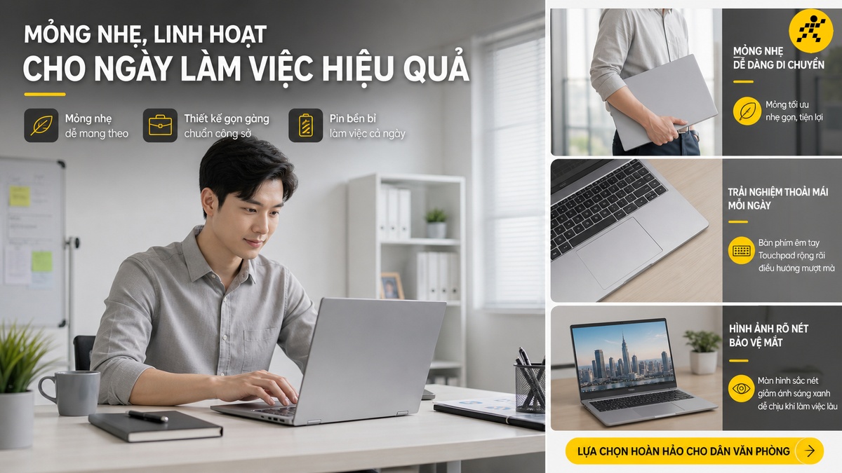 Ngoại hình gọn gàng, phù hợp công sở Laptop mỏng nhẹ ngoại hình gọn gàng phù hợp môi trường công sở
