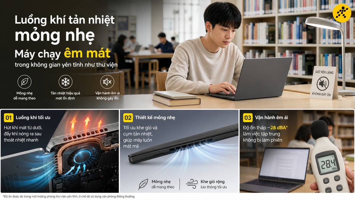 Máy mát hơn, quạt êm hơn khi làm việc lâu Laptop mỏng nhẹ chạy êm và mát khi làm việc liên tục nhiều giờ